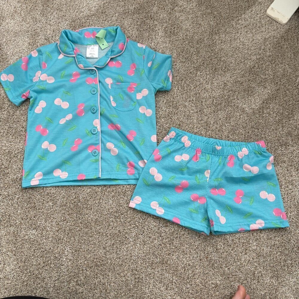 Girls summer pyjamas Shorts and T-Shirt Blue & Cherries  Size XS (4-5y) NWT
